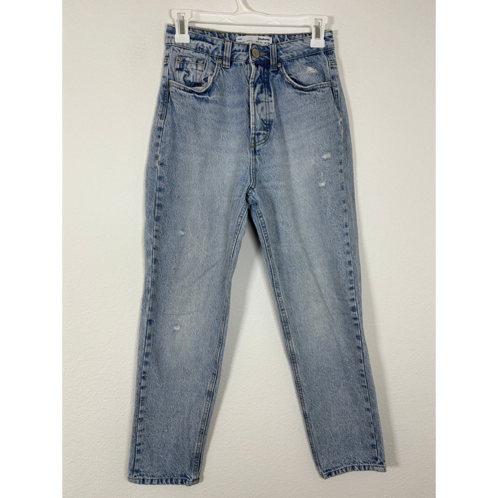 Stradivarius Mom Jeans Light Wash High Waisted Distressed Tapered Denim USA 4
